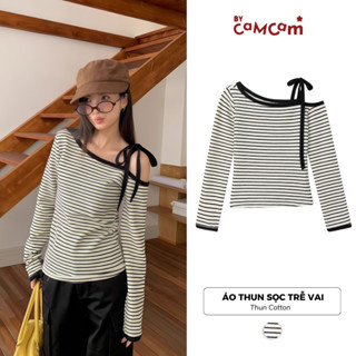  Áo Thun Sọc Trễ Vai Bycamcam Áo Trễ Vai Phối Dây Buộc Nơ Nữ Tính Hàn Quốc ATD324 