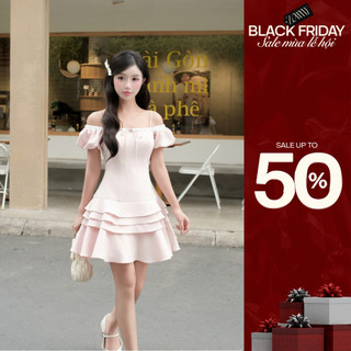  ZAMYSHOP - Váy thiết kế trễ vai xòe tầng váy đi chơi cách điệu tiểu thư 