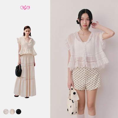 Áo OLV voan mỏng dáng suông cổ V phối bèo nữ tính phù hợp đi chơi Chiffon Vneck Top nhiều màu
