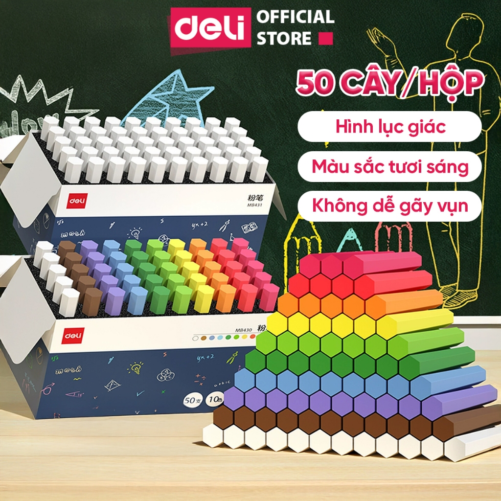 Hộp 50 Phấn Viết Bảng Không Bụi Deli Phấn Trắng Và Phấn Màu Chống Bẩn Tay Dành Cho Học Sinh Giáo Viê