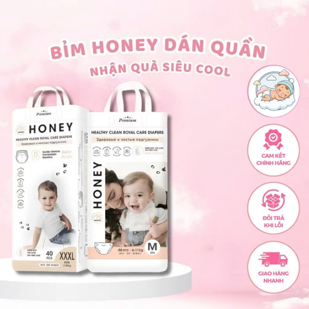 Bỉm tã Honey Prenium dán/quần mềm mịn siêu thấm đủ size NB66/S52/M46/M52/L48/XL44/XXL42/XXXL40/XXXXL38