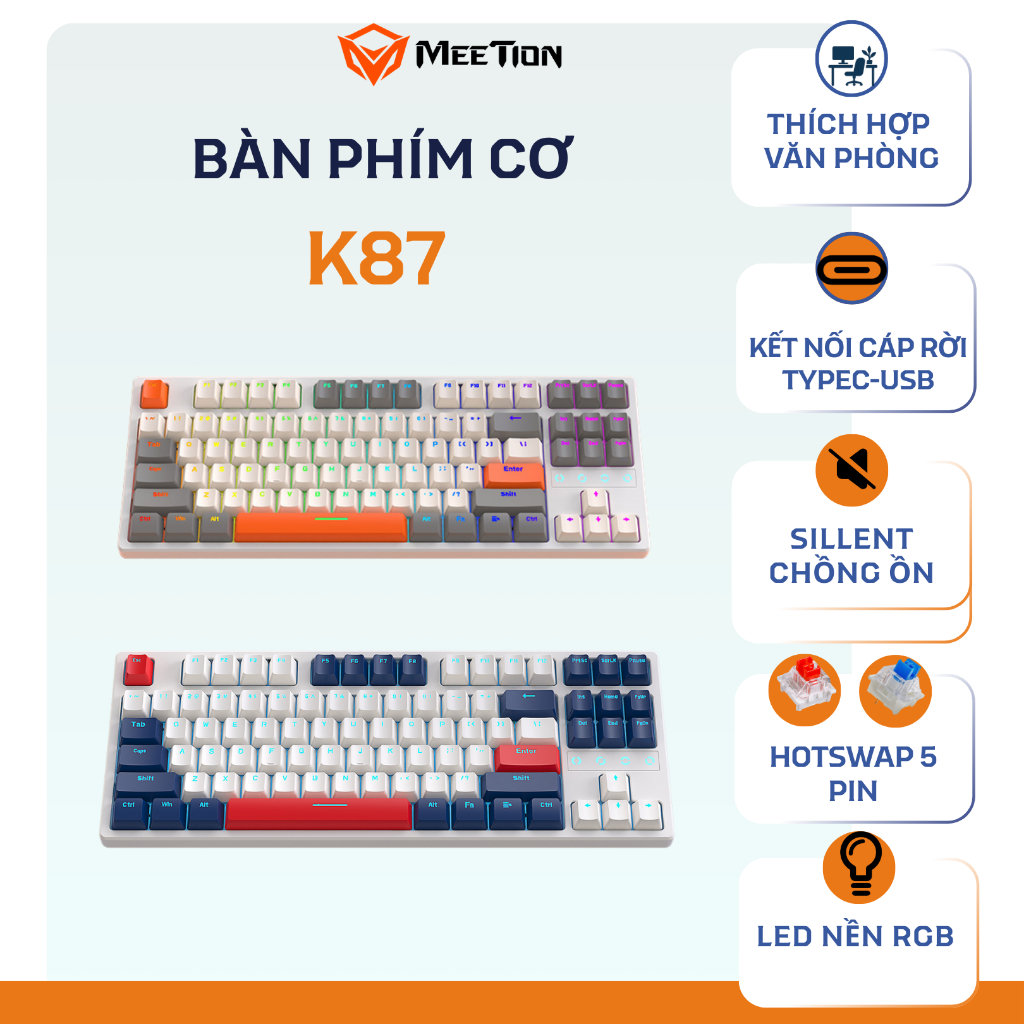 Bàn phím cơ K87 có Hot Swap 87 phím Led đơn, RGB Redswitch Cáp Type C rời, làm việc văn phòng