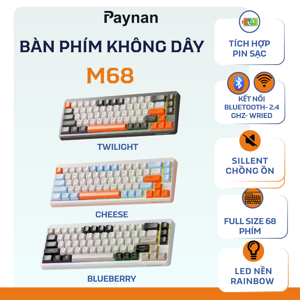 Bàn phím không dây Freewolf M68 không ồn kết nối 3 chế độ với thiết kế 68 phím led nền rainbow tích 
