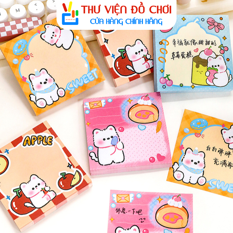 Combo 5 Giấy Note Vuông Chó Puppy, Giấy nhớ, giấy ghi chú hình Chú Chó Apple đáng yêu 50 tờ