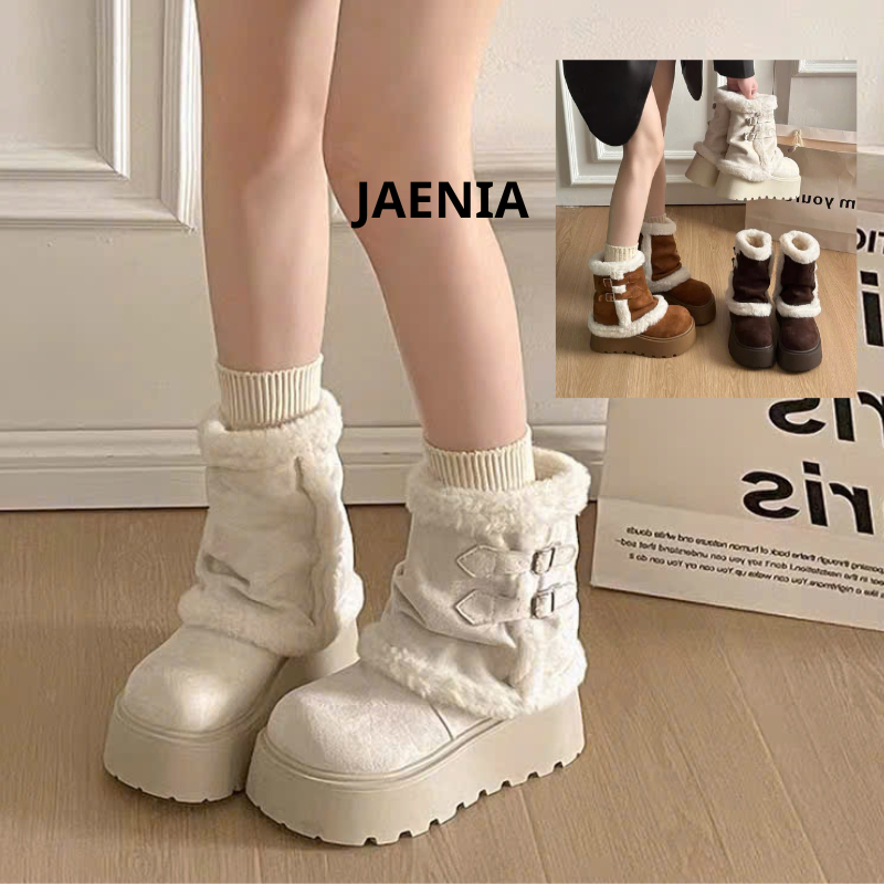 Giày bốt nữ kem đế bằng 7 cm da lộn viền lông cao cấp phong cách cá tính Hàn Quốc Vintage GD074 Jaenia