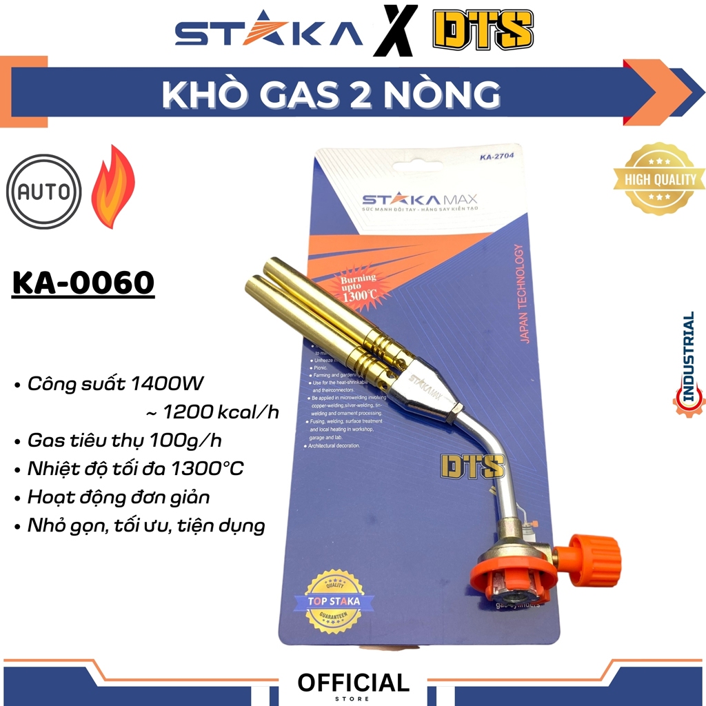 Khò gas 2 nòng mini STAKA KA-2704 – 1400W, nhiệt độ tối đa 1300°C, đánh lửa tự động, hàn & sửa chữa 