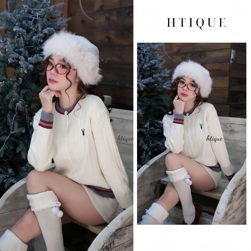(BST MERRY CHRISTMAS HTIQUE) DEAL mở bán Áo len màu kem thêu hươu, Áo len cardigan nhẹ nhàng dón Giá