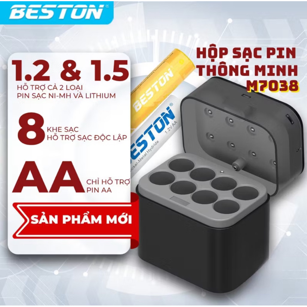 Sạc pin Beston M7038 hỗ trợ pin 1.2V &1.5V, cổng USB-C tiện lợi,đèn báo thông minh giúp theo dõi trạ