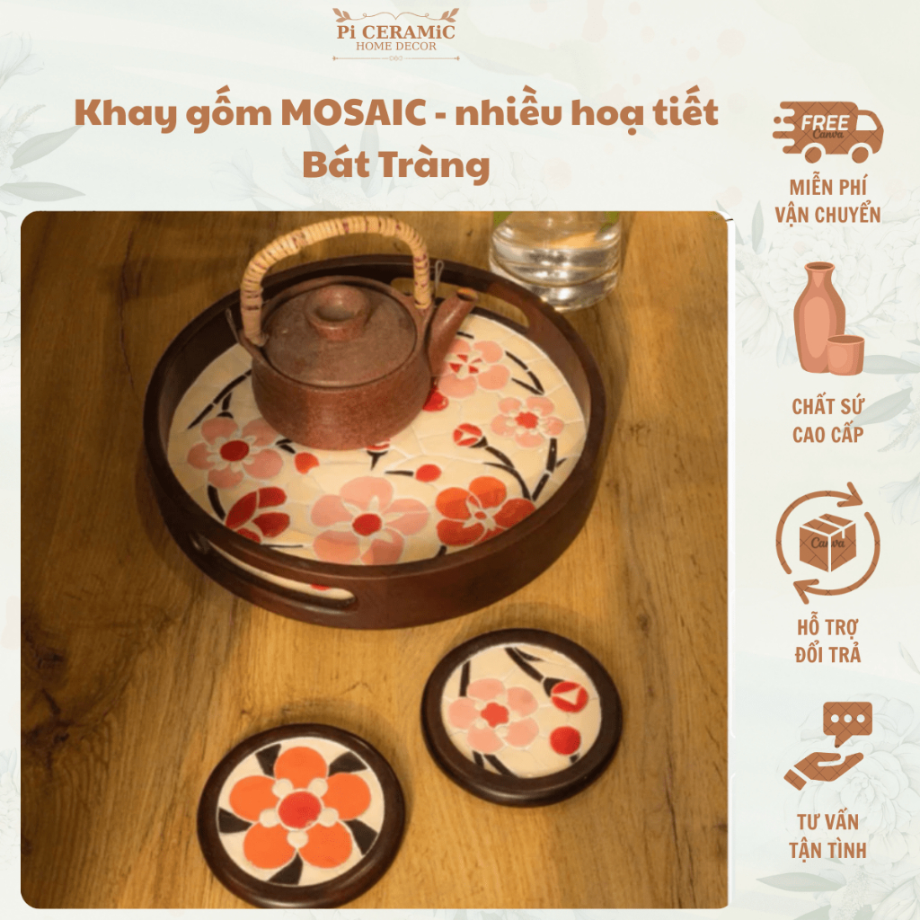 Khay gốm MOSAIC - nhiều hoạ tiết BÁT TRÀNG Khay gốm sứ mosaic bày biện bàn trà Decor nhà cửa