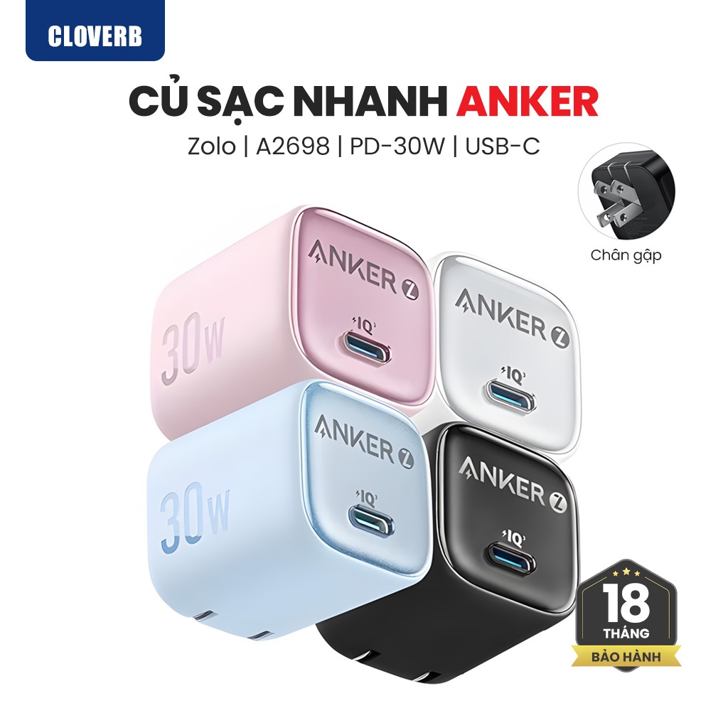 Củ Sạc Nhanh Anker Zolo A2698 30W GaN USB-C Chân Gập Cho iPhone