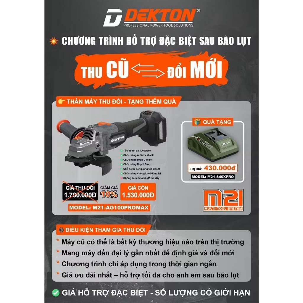 Máy mài góc dùng pin 21V Dekton M21-AG100PROMAX (Chưa Pin & Sạc)
