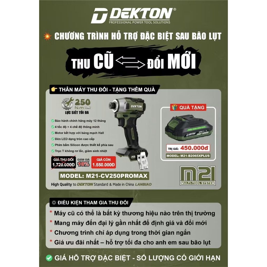 Thân máy vặn vít dùng pin 21V Dekton M21-CV250PROMAX
