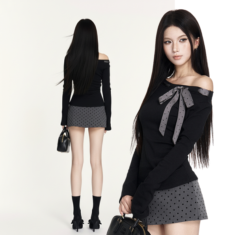 [Deal Mở Bán] - KILA TOP - Áo Nữ Tay Dài Vgirl Bẹt Vai Kèm Dây Hoạ Tiết Chấm Bi Freesize Dễ Phối Đồ Douyin | BigBuy360 - bigbuy360.vn
