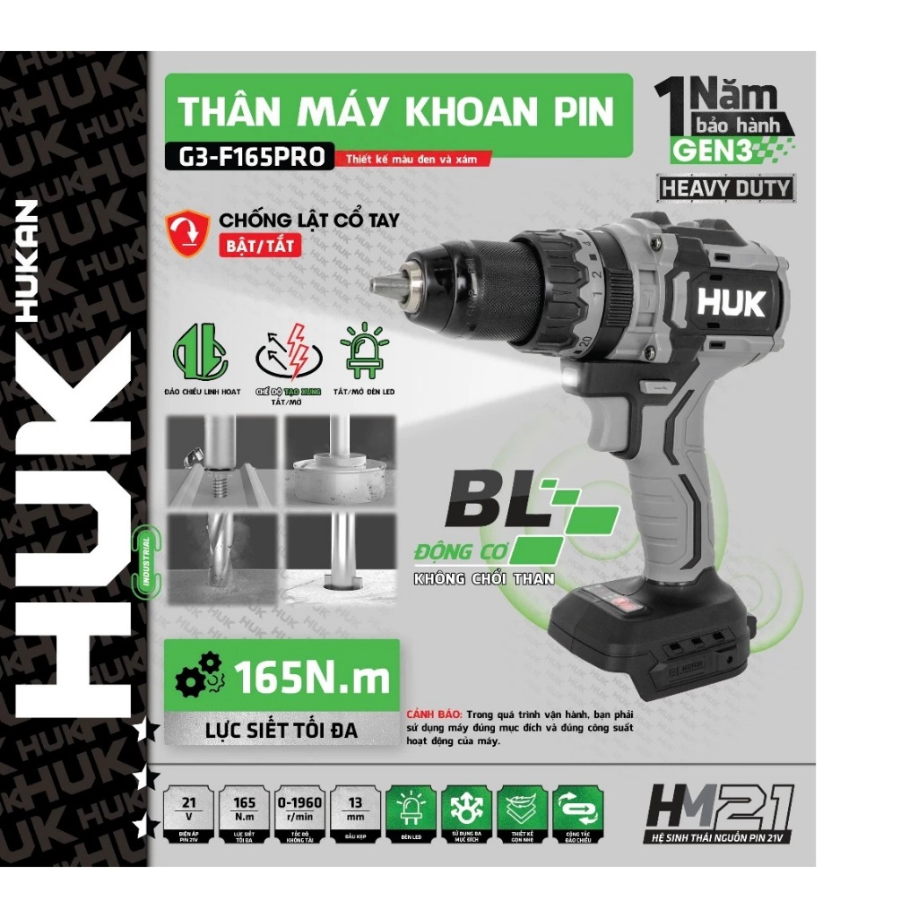 Thân Máy khoan pin GEN 3 Hukan G3-F165PRO lực siết 165N.m tính năng anti kickback, tạo xung, đầu kẹp