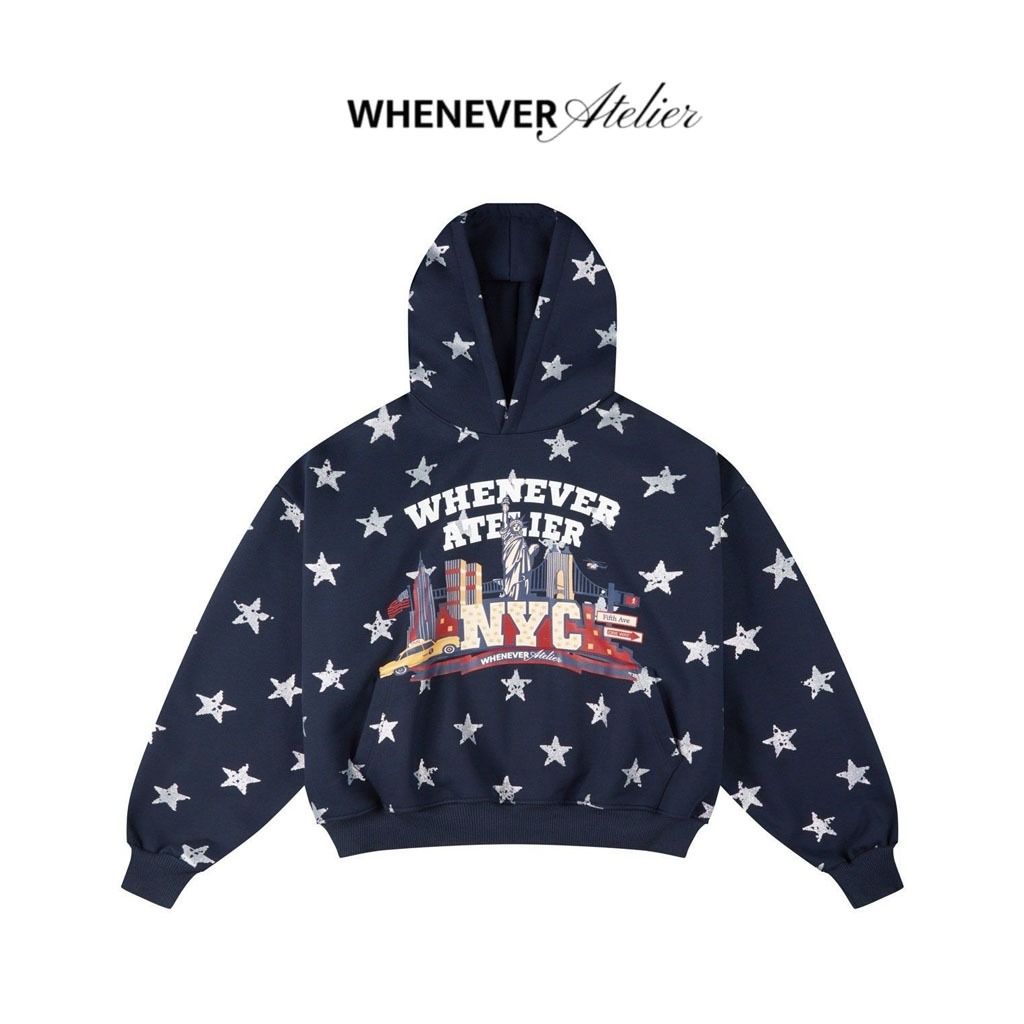 "WHENEVER" Áo Hoodie Whenever Atelier Star Form Boxy Unisex / Navy