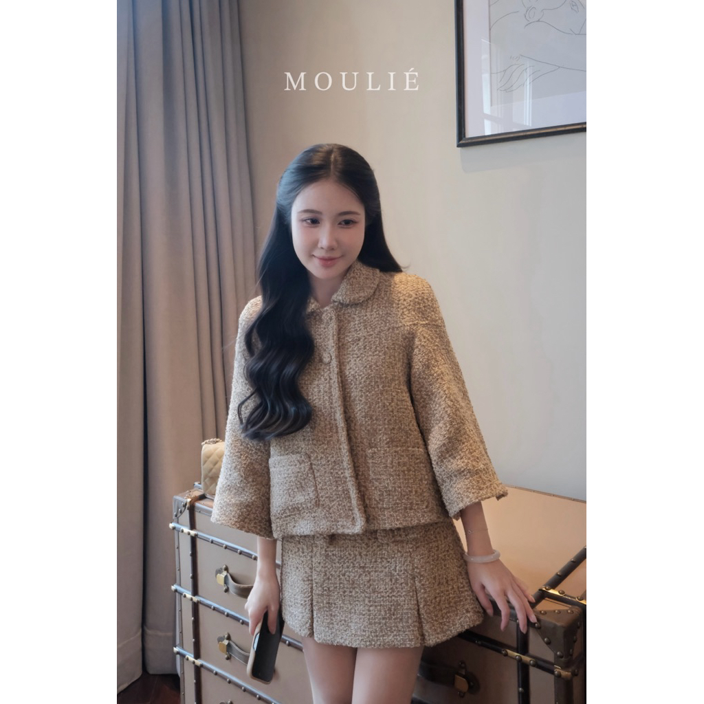 MOULIÉ | 𝐂𝐚𝐦𝐞𝐥 𝐒𝐞𝐭 Set dạ tweed cổ sen form lỡ chân váy đính nơ