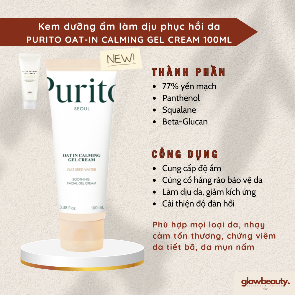 Kem dưỡng ẩm 100ml làm dịu phục hồi da PURITO Oat-In Calming Gel Cream [Glow Beauty]