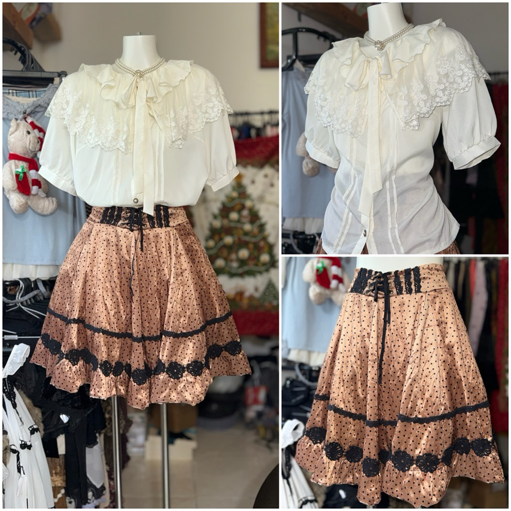 [2hand_thrift] Set tách: áo sơ mi voan phối ren Axes M, chân váy nhung Nhật Axes