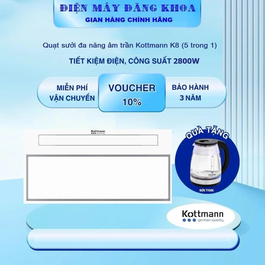 Quạt âm trần đa năng Kottmann K8 (5in1) Dùng điều khiển từ xa - Hàng chính hãng (TẶNG KÈM ỐNG BẠC)