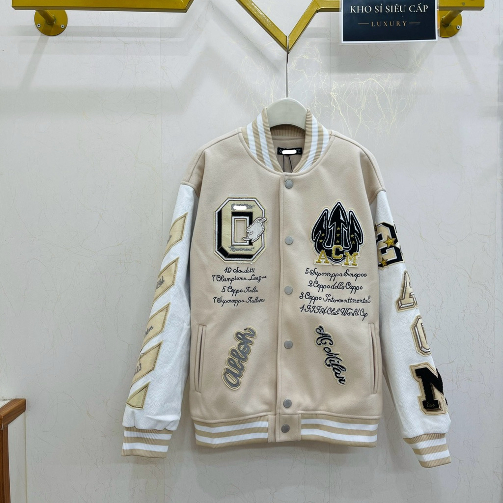 [💥 HOT ITEM] - Áo Khoác Dạ Ow - Jacket Dạ 0ffwhite Be Thêu Chữ Phối Quỷ Lông Xù Mặt Sau - Bản Cao Cấ