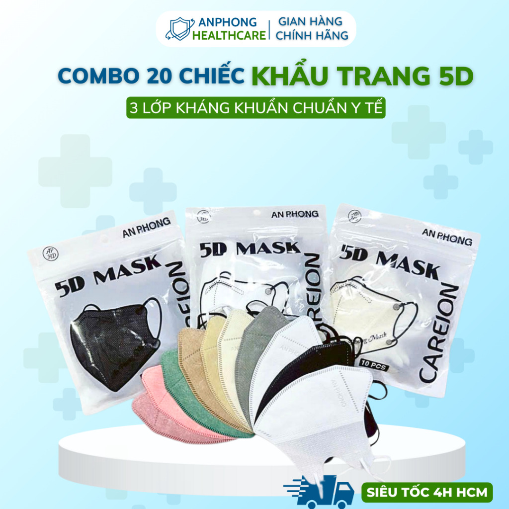 [Set 20 Chiếc] Khẩu trang 5D An Phong , 5D CAREION Kháng Khuẩn, Dày Dặn, Nhiều Màu Sắc - An Phong Ma