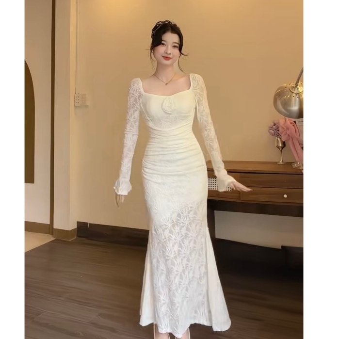 đầm váy nữ phói ren trắng trễ vai mix váy bò nhiều tầng dáng ngắn thiết kế tự may lại trẻ trung lyn