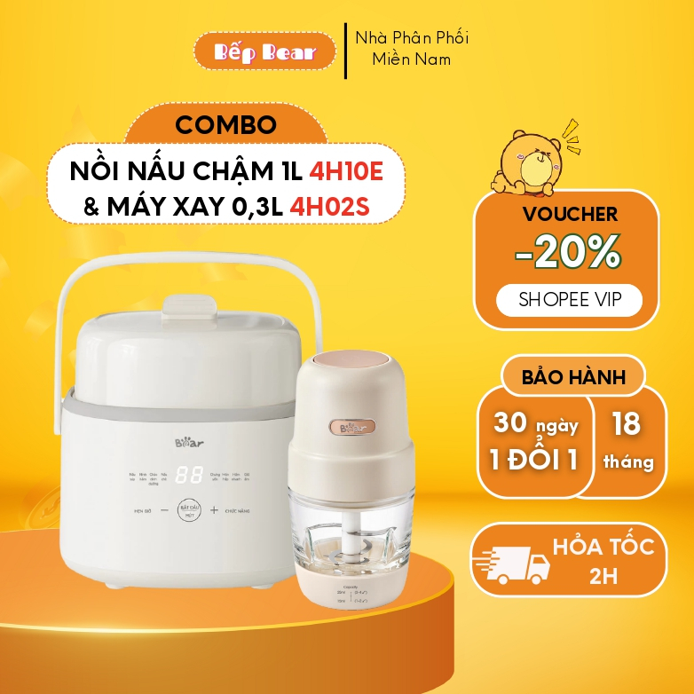 Combo Ăn Dặm BEAR Nồi Nấu Cháo Chậm 1L 4H10E Và Máy Xay Ăn Dặm 0.3L 4H02S Cho Mẹ Và Bé Combo Ăn Dặm 