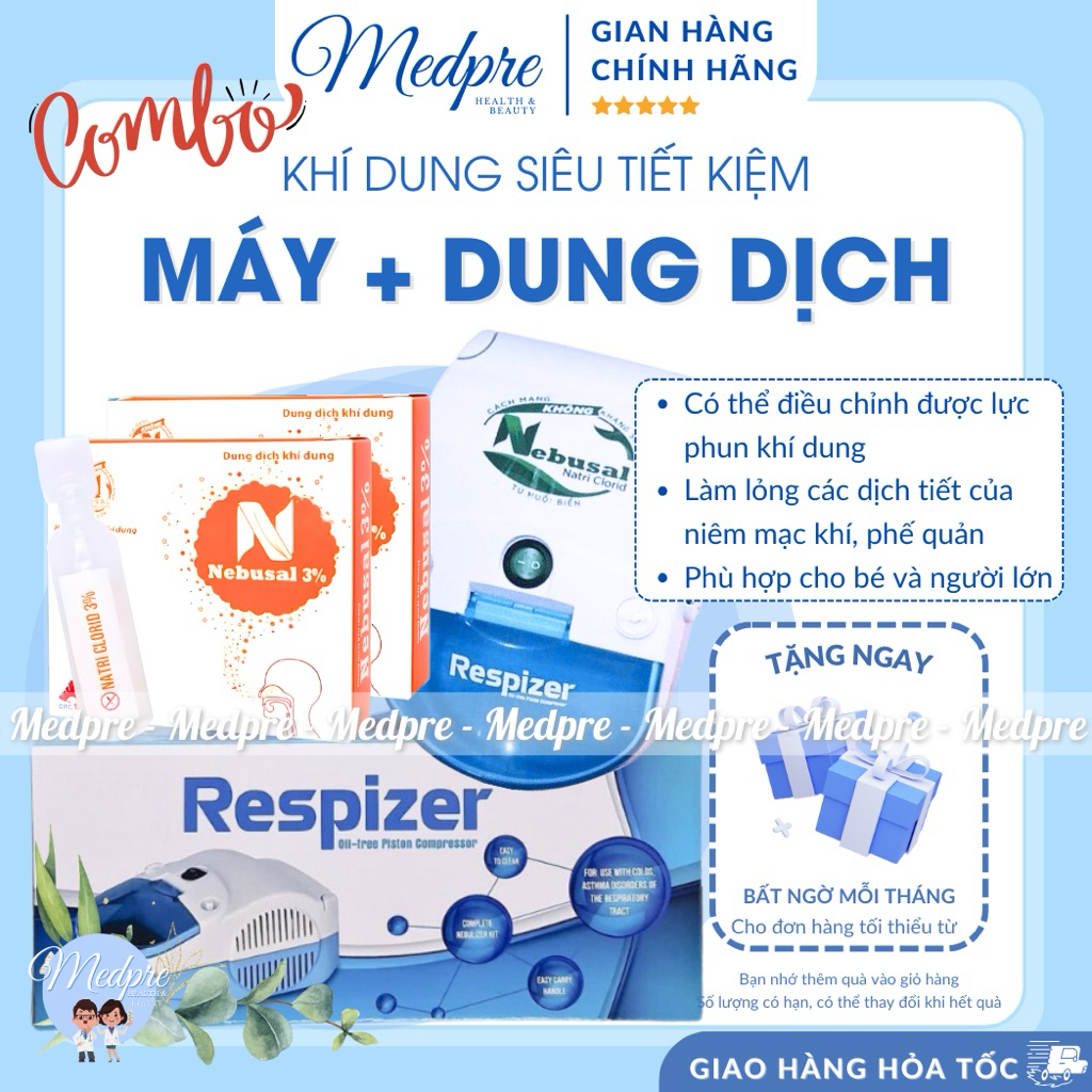 [Hoả tốc] COMBO Máy xông khí dung RESPIZER + Dung dịch khí dung NEBUSAL 3% - Tiết kiệm tối ưu - Medp