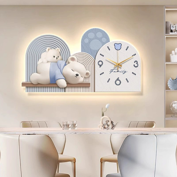 Tranh đồng hồ treo trường decor gấu beabrick,Treo phòng khách kết hợp tráng gương sang trọng