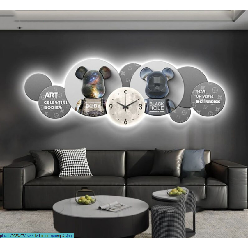 Tranh đồng hồ treo trường decor gấu beabrick,Treo phòng khách kết hợp tráng gương sang trọng