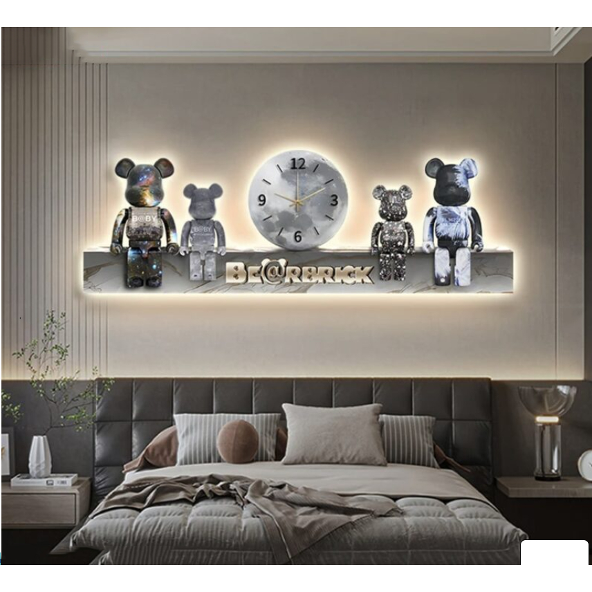 Tranh đồng hồ treo trường decor gấu beabrick,Treo phòng khách kết hợp tráng gương sang trọng