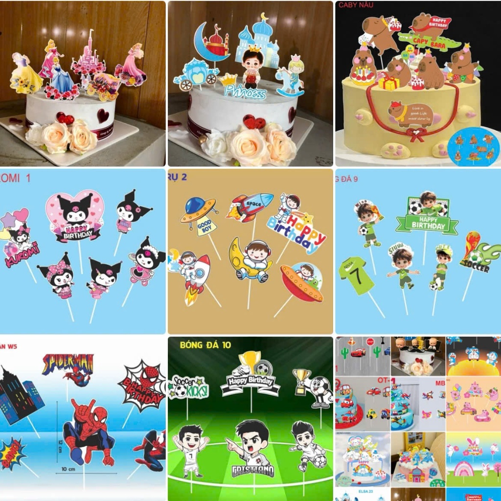 set tag giấy cắm bánh kem, tháp bánh kẹo chủ đề công chúa, siêu nhân, bóng đá, xe,... tag giấy