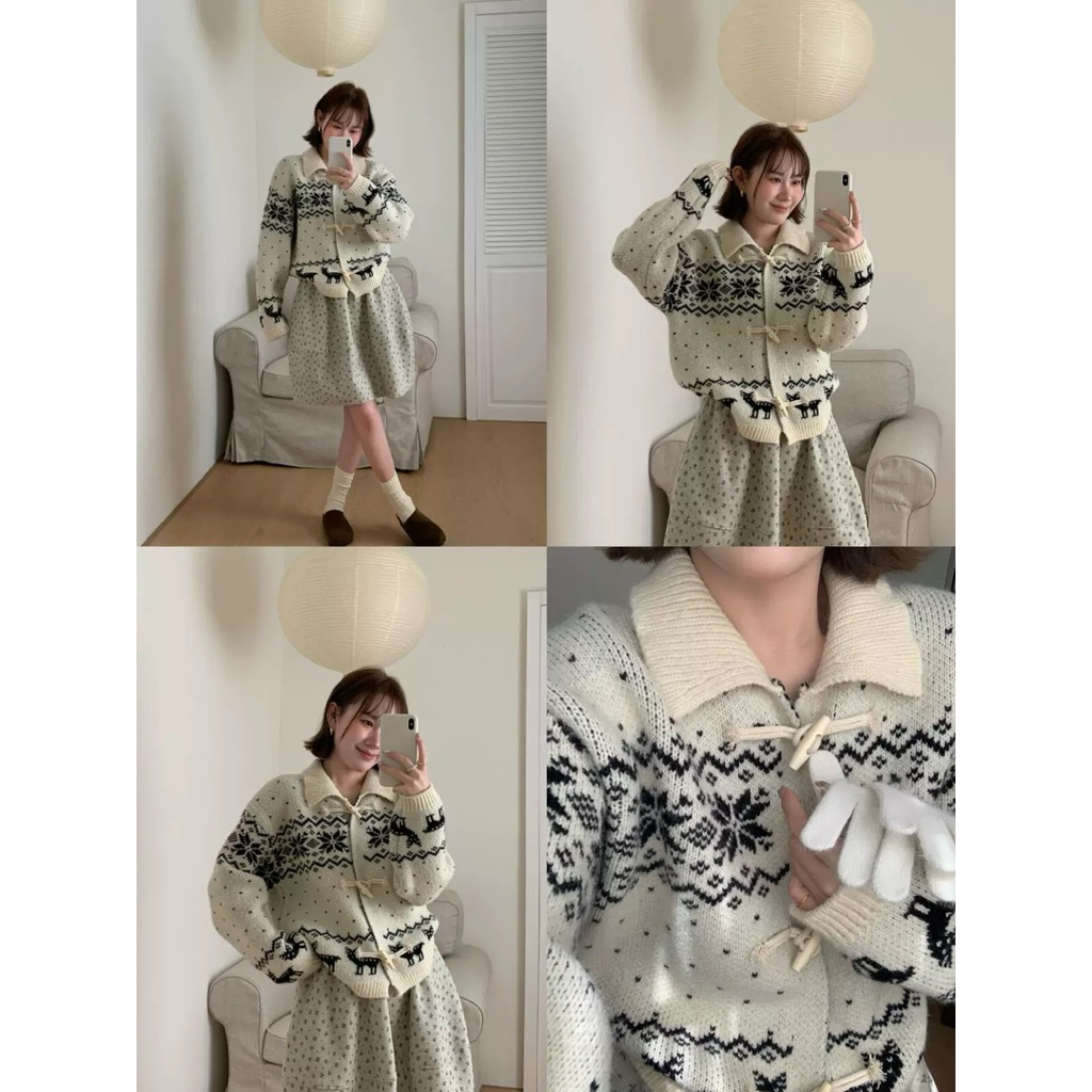 【F18.STUDIO】 #058 Áo cardigan len khuy sừng hoạ tiết bông tuyết cho nữ mùa đông ấm áp