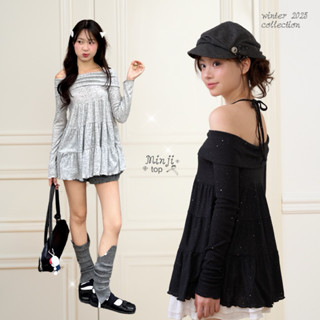  LOLLIE STUDIO - Áo len thun trễ vai tầng buộc nơ cổ đính hạt Minji Top TKP252 