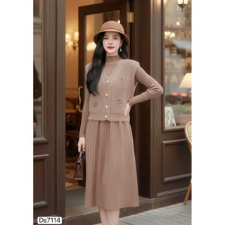  ds7114 Set váy thiết kế len Hàn DVC cao cấp áo gile len lông đính hoa ngọc phối váy len cổ 3p ấm áp màu nâu đất tôn da 