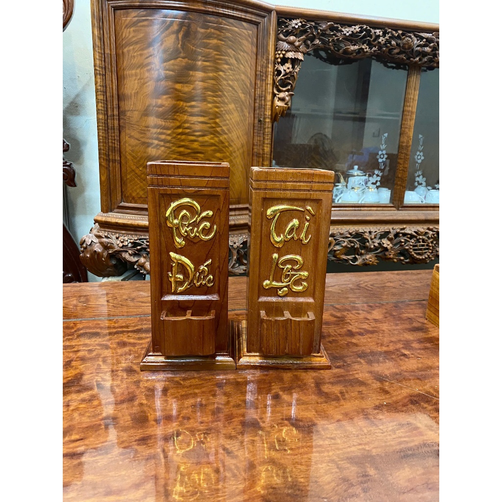 Ống đựng nhang, trạm khắc chữ Tài Lộc, bông sen vàng bằng gỗ-Ống Hương Loại Đẹp ,Chạm Khắc Sắc Nét