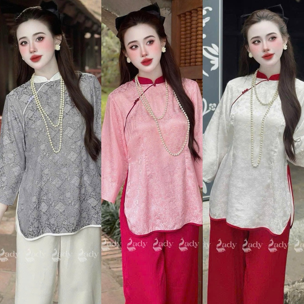 Set Bộ Lam Gấm Đính Nút Xẻ Tà Quần Suông - HN CLOSET