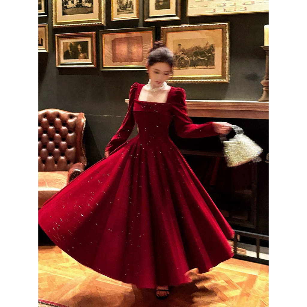 DN1 ĐẦM NHUNG KIM TUYẾN TAY DÀI ĐI CHƠI, ĐI ĂN CƯỚI, ĐẦM ĐỎ ĐI TIỆC CUỐI NĂM, ĐẦM TẾT, ĐẦM NOEL GIÁNG SINH