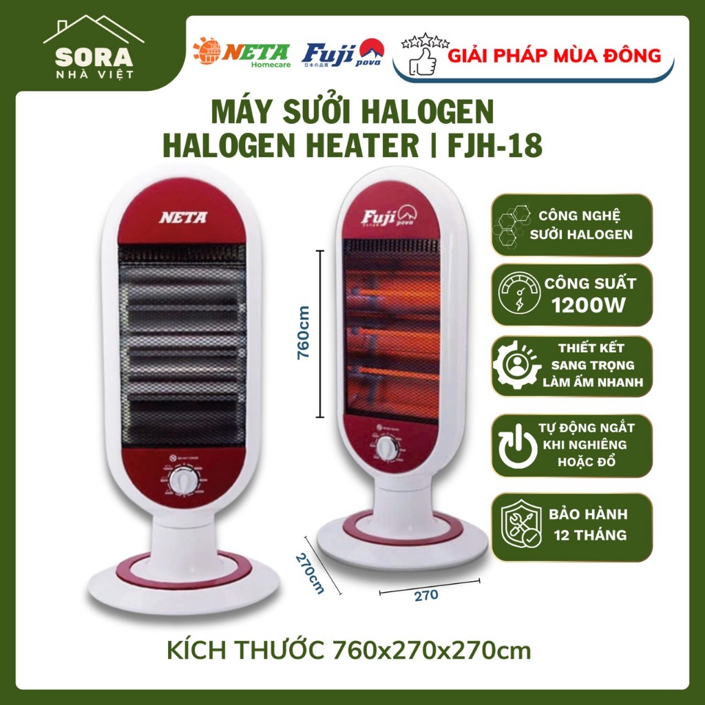 Máy sưởi Halogen 3 bóng làm ấm phòng nhanh không gây khô da, không đốt cháy oxi 1200W