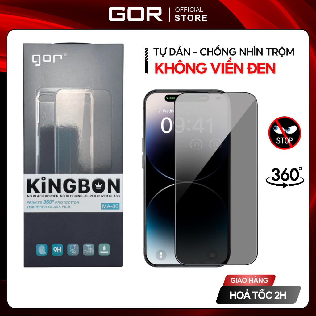 Kính cường lực iPhone chống nhìn trộm 360 độ khung tự dán GOR KINGBON MA-86 cho 12 13 14 15 16 17 Pro Max