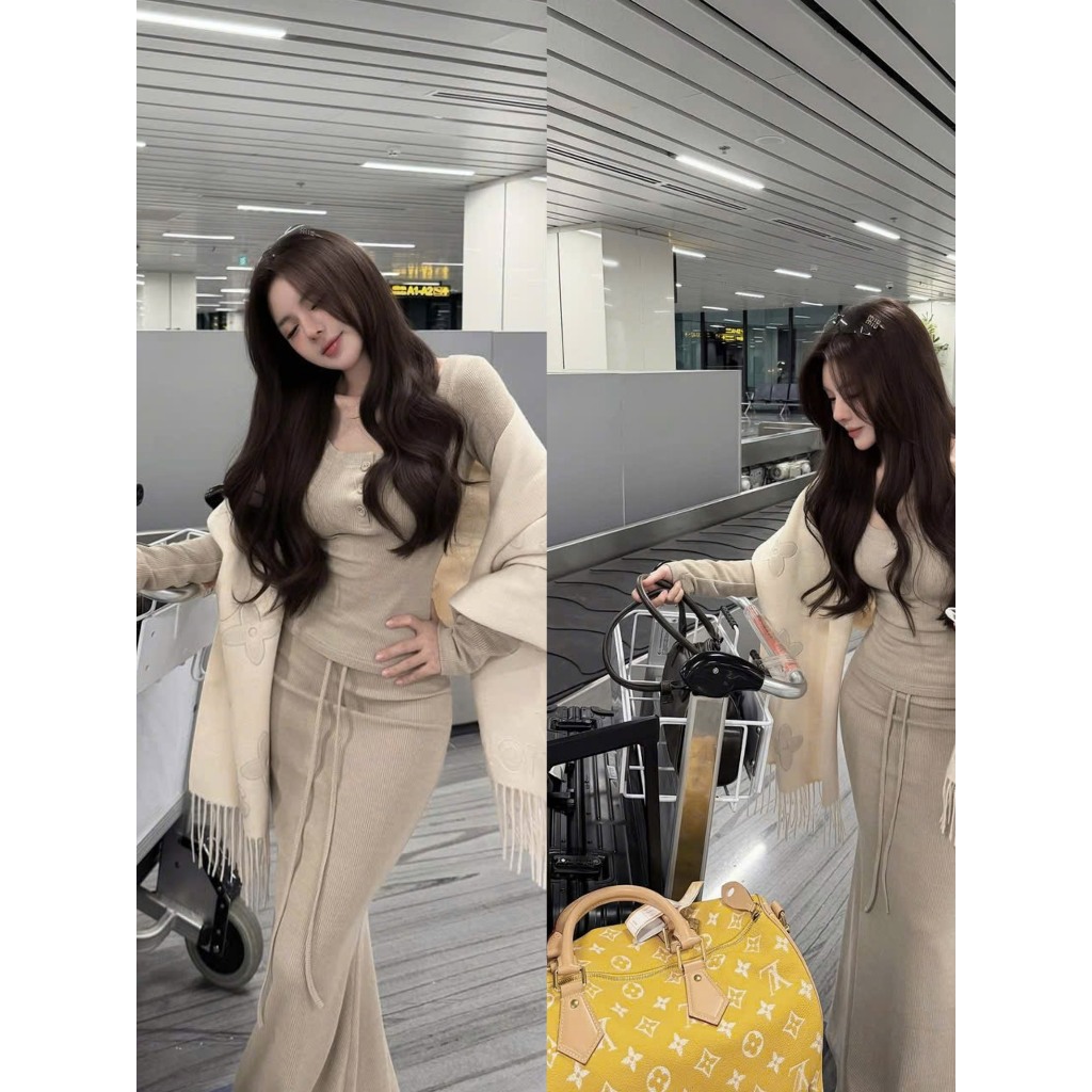 LIPU - BỘ ĐỒ NỮ THU ĐÔNG ÁO DÀI TAY BODY MIX CHÂN VÁY ĐUÔI CÁ KÈM DÂY RÚT NÂU BE MPB