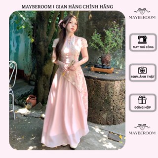  MAYBEROOM® Sườn xám cách tân váy voan dáng dài phối vải đũi hoa thêu nổi cao cấp Ý NGỌC SAN 