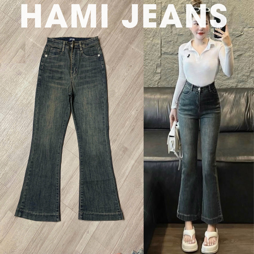Quần jean ống loe lỡ 90cm co giãn cạp cao quần loe 9 tấc màu bụi loe cho nấm lùn