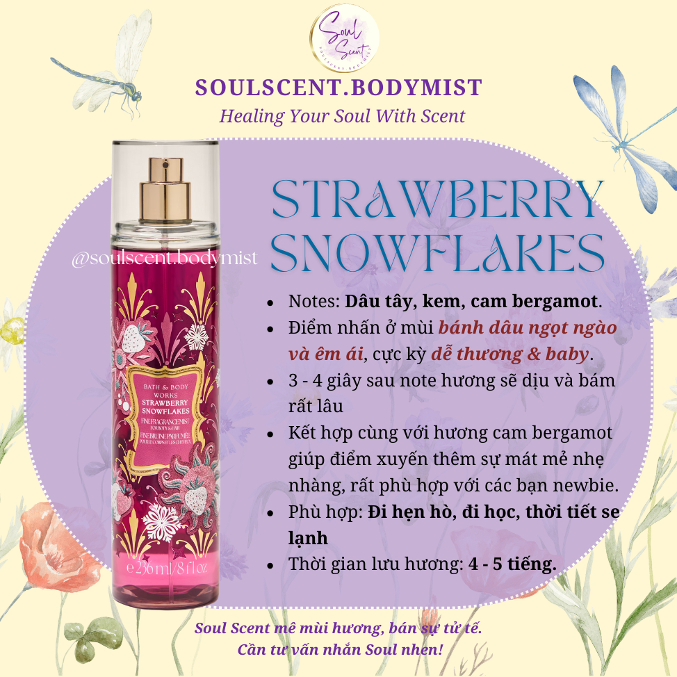 STRAWBERRY SNOWFLAKES Body mist xịt thơm toàn thân Bath & Body Works (AUTH Mỹ) | Soul Scent (vỏ mới)