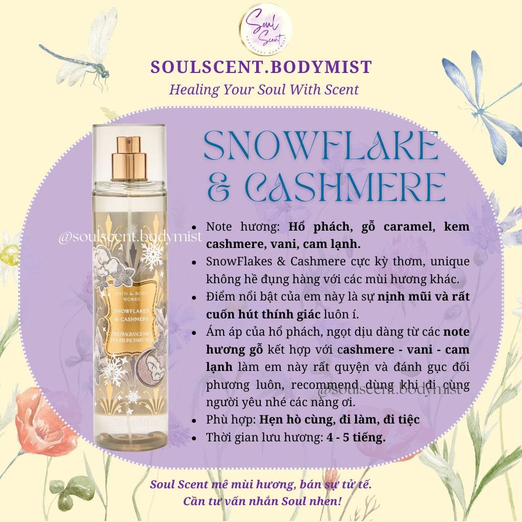 SNOWFLAKES & CASHMERE Body mist xịt thơm toàn thân Bath & Body Works (AUTH Mỹ) | Soul Scent (vỏ mới)