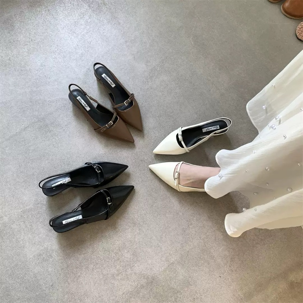 giày mũi nhọn bệt 2cm da lì cao cấp phối dây khoá tối giản, đế êm