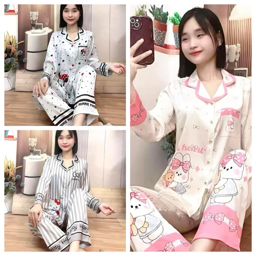 Pyzama TD _Đồ bộ ngủ nử mặc nhà  lụa Latin cao cấp tay dài in thỏ dể thương  - xưởng may thanh thảo