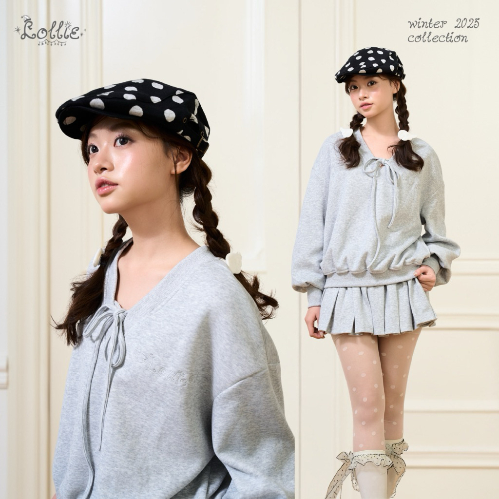 LOLLIE STUDIO - Set áo nỉ form rộng cổ V buộc nơ thêu Lollie/Chân váy nỉ xếp li miniskirt - Bora Set