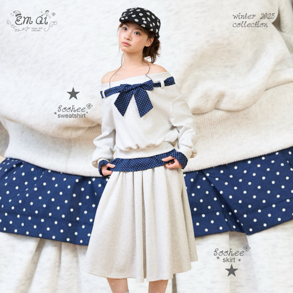 LOLLIE STUDIO - Set Áo nỉ trễ vai pha thô chấm bi/ Chân váy nỉ xếp li cạp cúc Sohee Set TKP249 TKC67