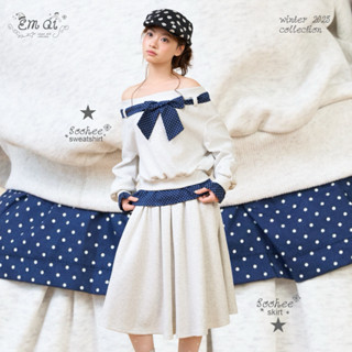  LOLLIE STUDIO - Set Áo nỉ trễ vai pha thô chấm bi  Chân váy nỉ xếp li cạp cúc Sohee Set TKP249 TKC67 